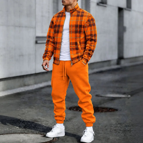 Men's Checkered Print Stand-Collar Jacket and Pants Set