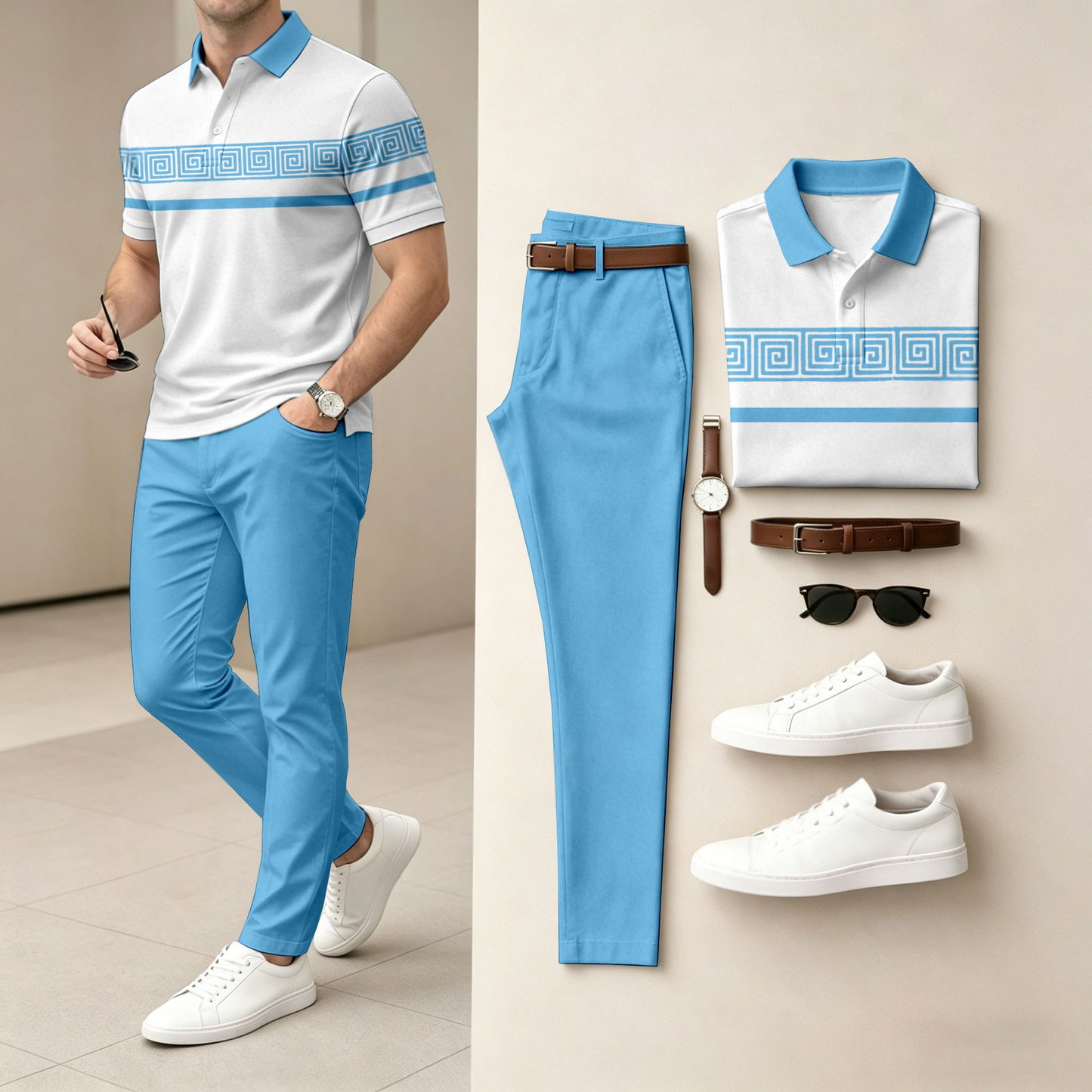 Men's Casual Geometric Print Short-Sleeve Polo Shirt And Pants Set (Excludes Accessories Such As Watches And Belts)
