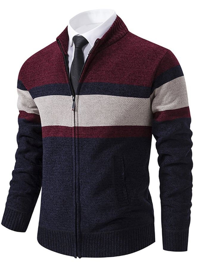 Men's Stylish Contrasting Color Design Velvet Warm Zipper Sweater Jacket