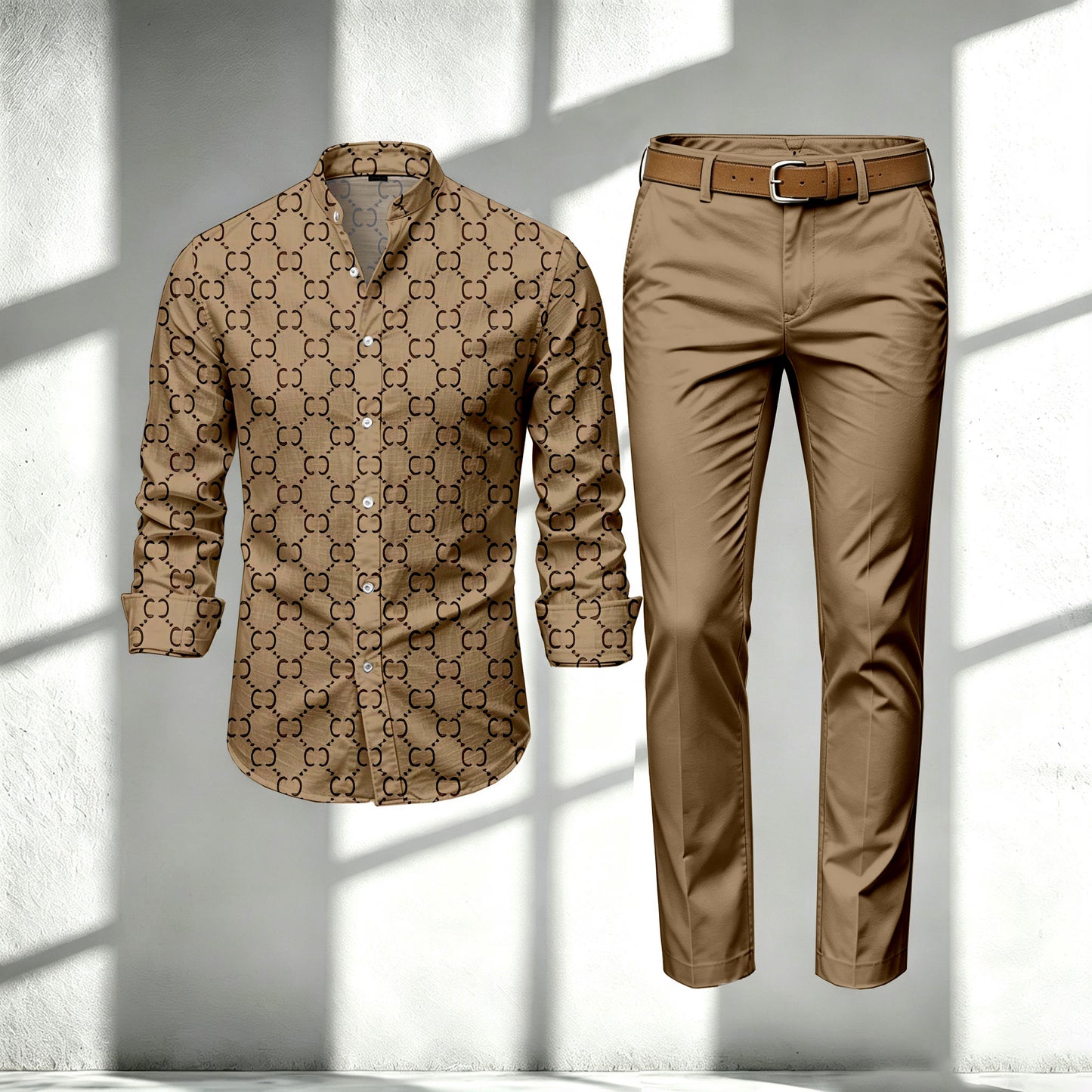 Men's Brown Stand-Collar Long-Sleeve Shirt and Pants Set