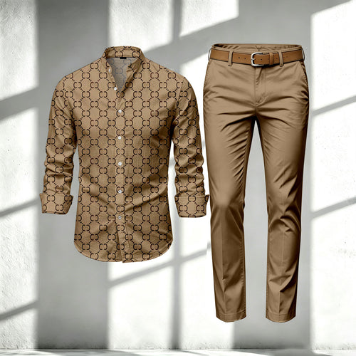Men's Brown Stand-Collar Long-Sleeve Shirt and Pants Set