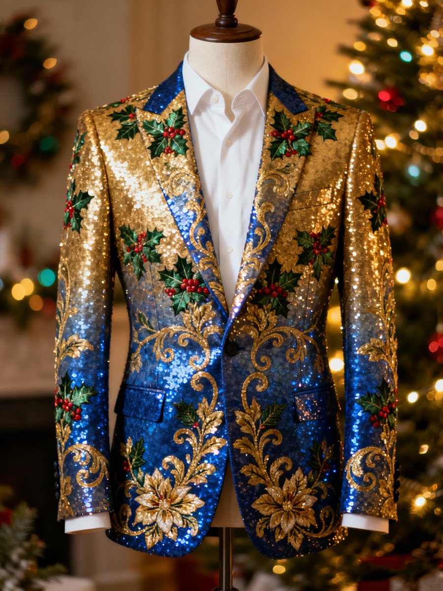 Men's Luxury Christmas Holly Collar Suit Jacket