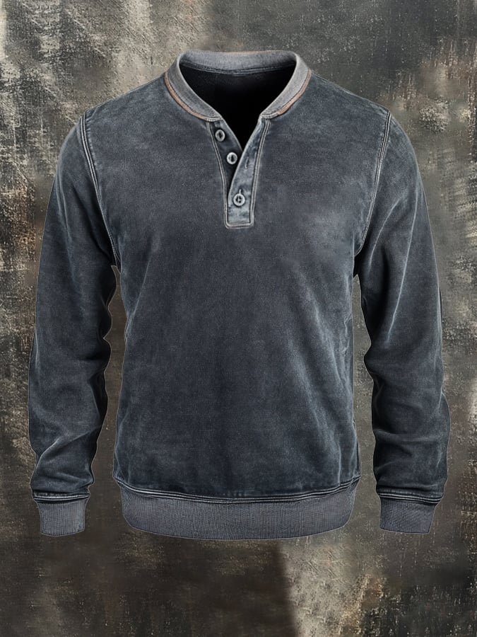 Men's Retro Stitching Contrast Color Henley Collar Casual Long Sleeve Sweatshirt