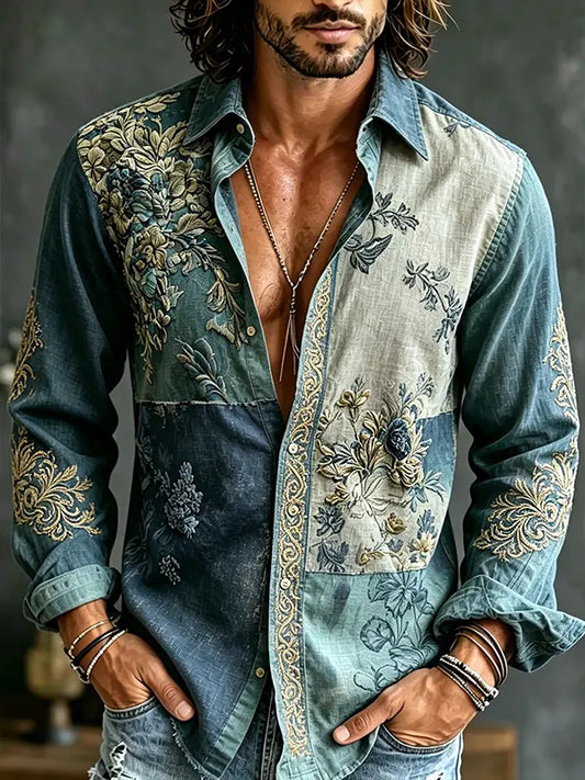 Men's Vintage Boho Floral Patchwork Art Print Long Sleeve Shirt