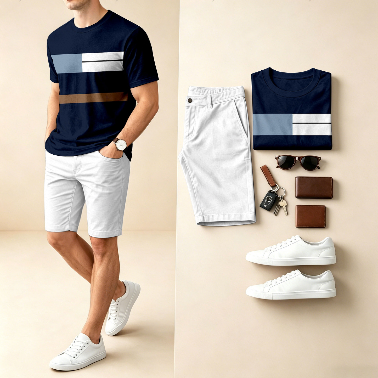 Men's Casual Color-Blocked Printed Round-Neck Short-Sleeve T-Shirt And Shorts Two-Piece Set