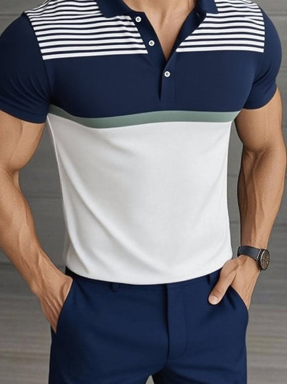 Men'S Casual Classic Striped Print Business Short-Sleeved Polo Shirt