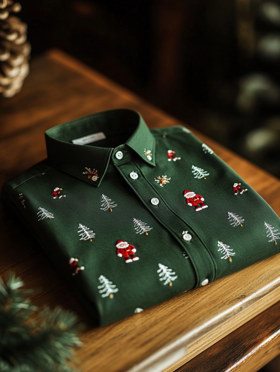 Men's Business Luxury Christmas Evergreen Pine and Santa Claus Print Long Sleeve Shirt