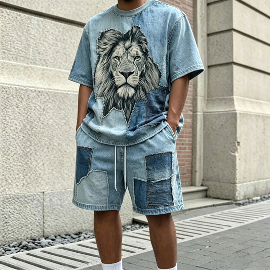 Men's Two-Tone Crew-Neck Short-Sleeve T-Shirt and Shorts Set