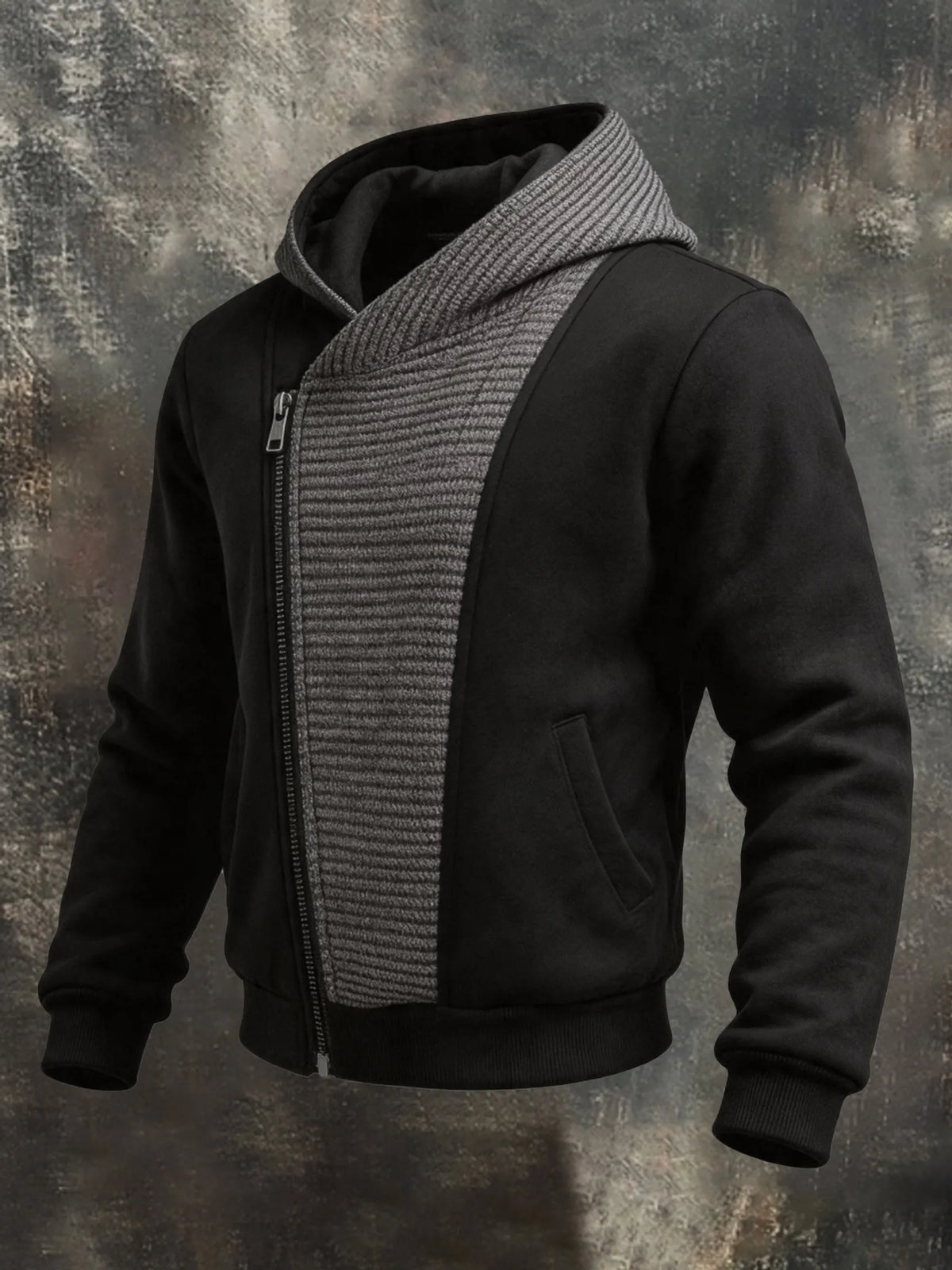 Men's Vintage Asymmetric-Placket Knit-Panel Hoodie Jacket