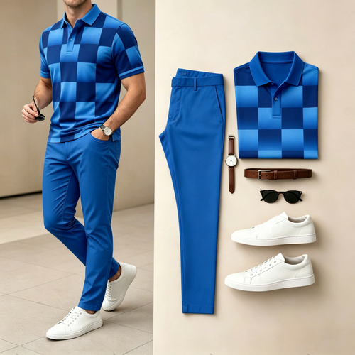 Men's Casual Dark Blue Plaid Printed Polo Shirt And Pants Two-Piece Set