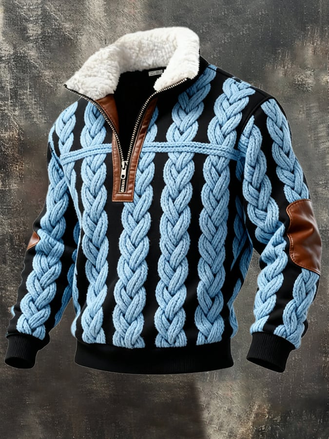 Men's Retro Color Block Print Casual Fur Collar Sweatshirt