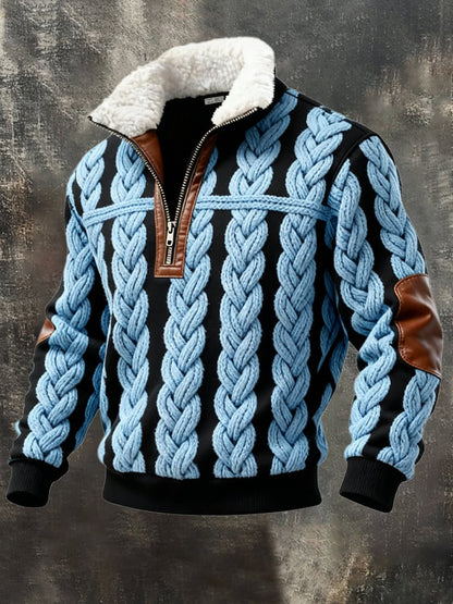 Men's Retro Color Block Print Casual Fur Collar Sweatshirt