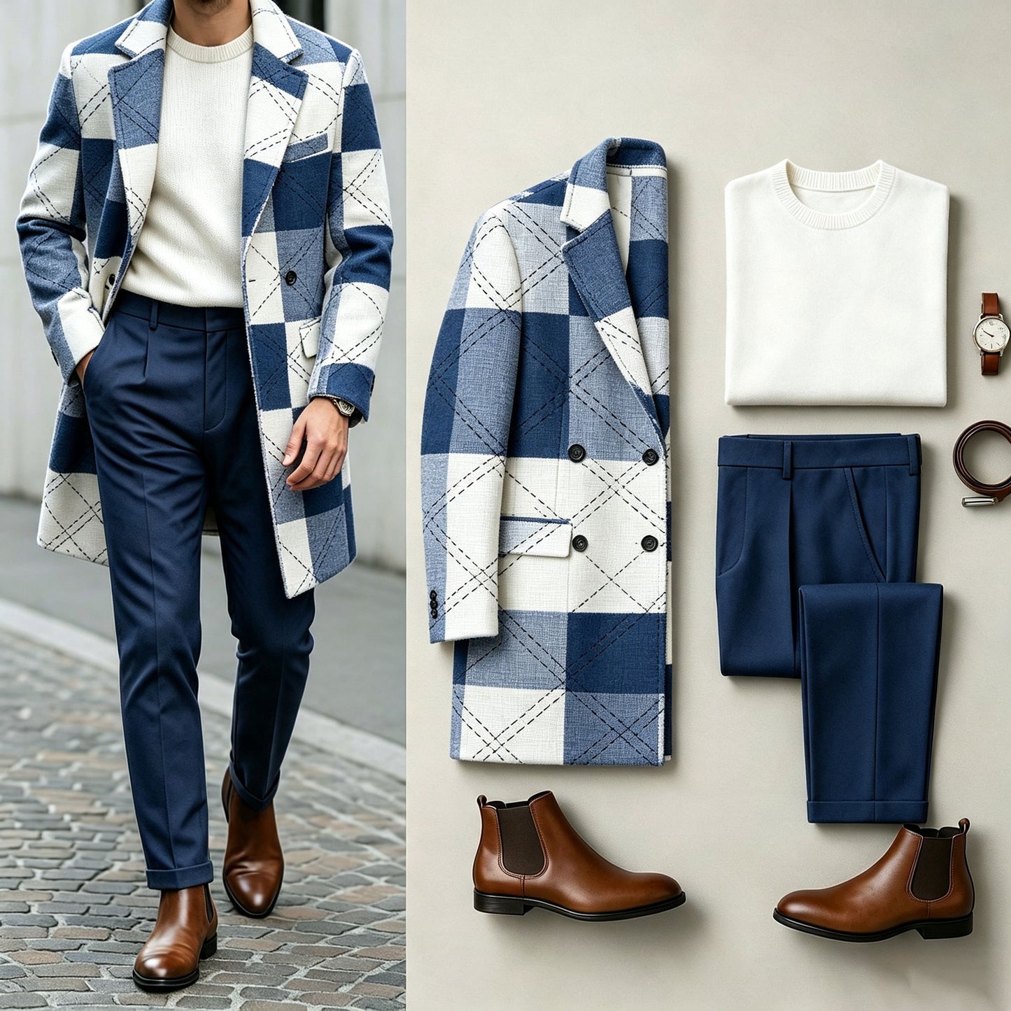 Men's Three-Piece Set: Mid-Length Wool Coat, Crew-Neck Sweater, and Flowy Dress Pants