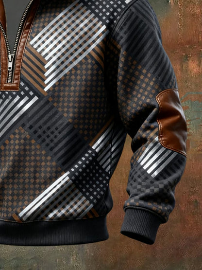 Men's Retro Distressed Color Block Print Casual Fur Collar Long Sleeve Sweatshirt