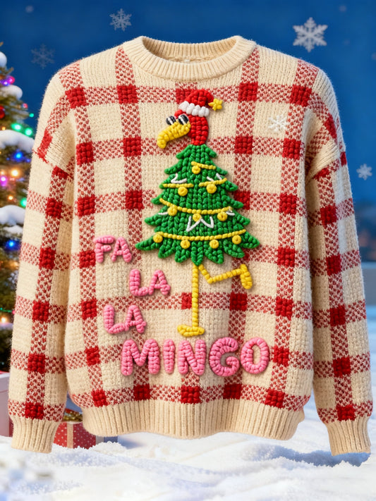 Flamingo Christmas Cartoon Print Ugly Christmas Pullover Sweater