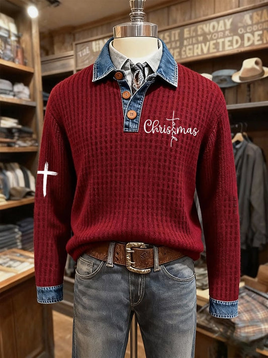 Men's Retro Faith Christmas Print Denim Patchwork Button-Up Sweatshirt