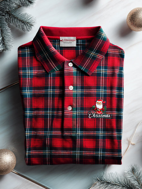 Men's Christmas Plaid Long Sleeve Polo Shirt