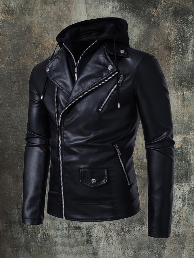 Men's Hooded Lapel Casual Racing Leather Jacket (Removable Hood)