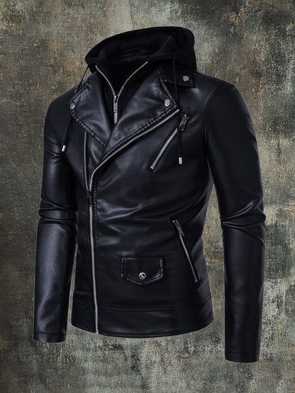 Men's Hooded Lapel Casual Racing Leather Jacket (Removable Hood)