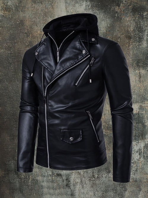 Men's Hooded Lapel Casual Racing Leather Jacket (Removable Hood)