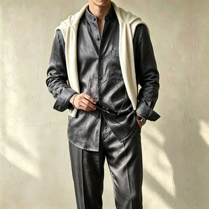 Men's Casual Solid-Color Printed Stand-Collar Long-Sleeve Shirt and Pants Two-Piece Set