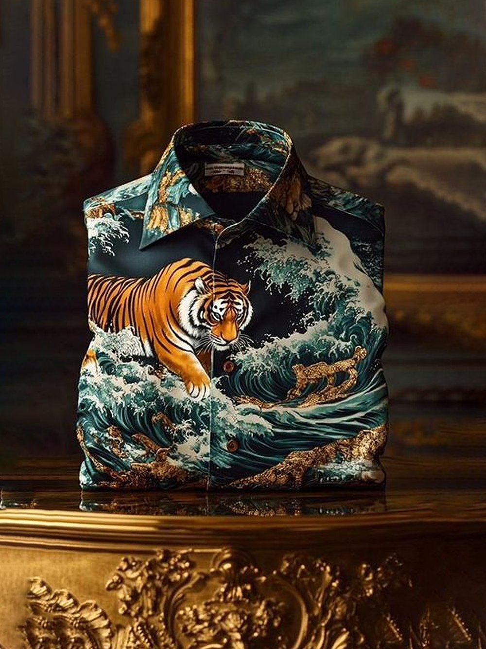 Men's business casual wave tiger lapel short-sleeved shirt