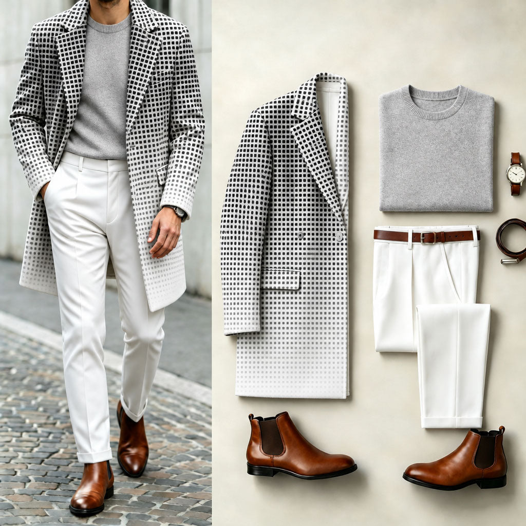 Men's Polka-Dot Print Suit Set: Coat, Knit Sweater, and Pants