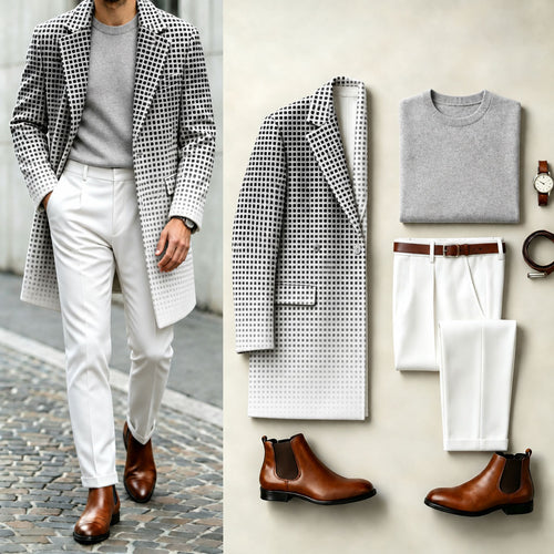Men's Polka-Dot Print Suit Set: Coat, Knit Sweater, and Pants