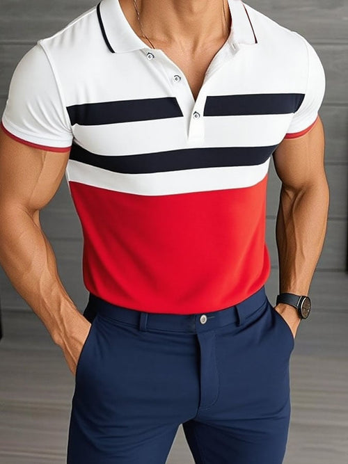 Men'S Casual Classic Striped Print Business Short-Sleeved Polo Shirt
