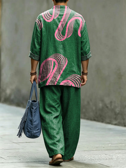 Men's Retro Abstract Geometric Print Casual Linen Two-piece Set (top & Pants)