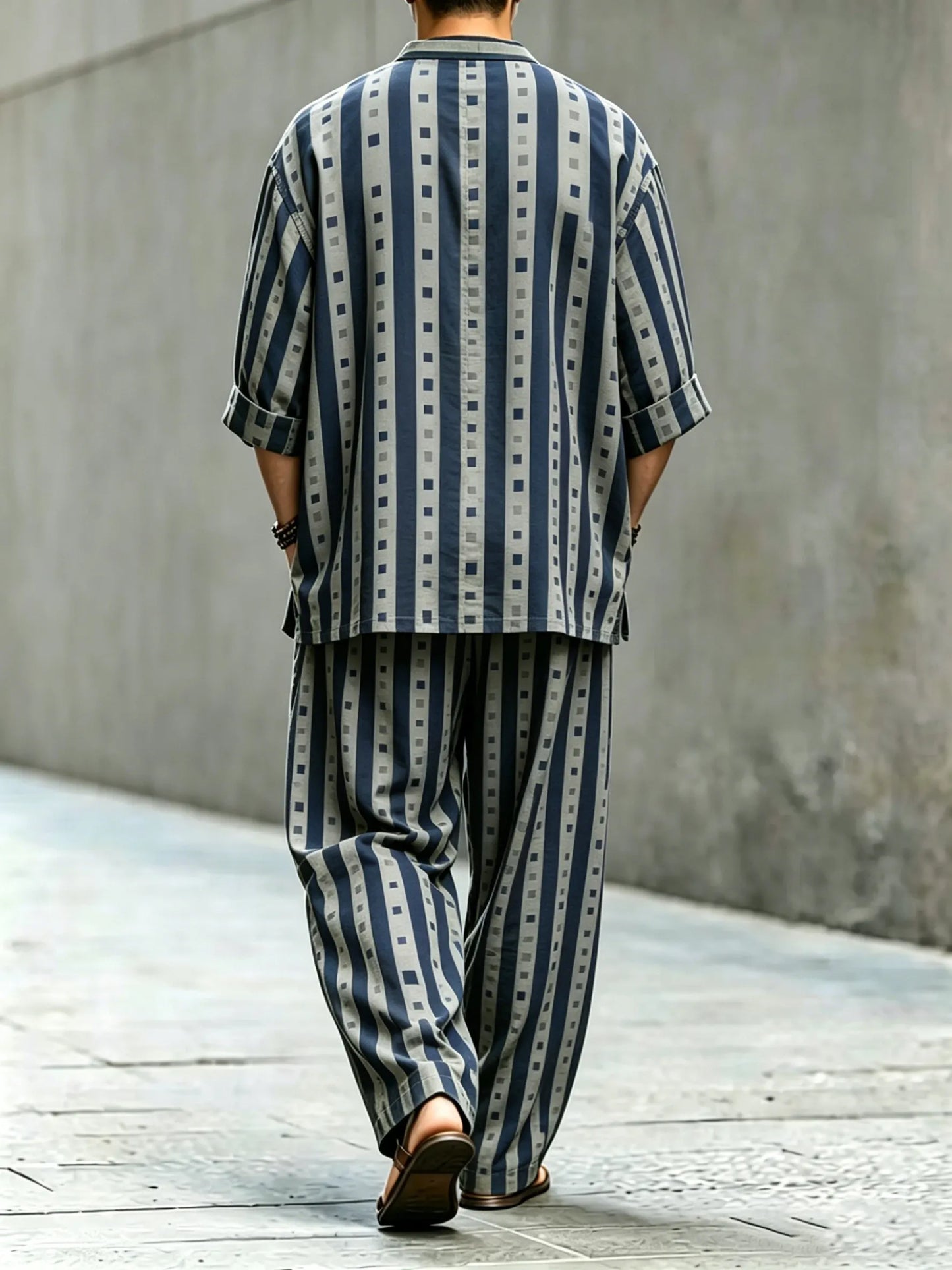 Men's Vintage Abstract Art Printed Cotton Shirt Set (Top & Pants)