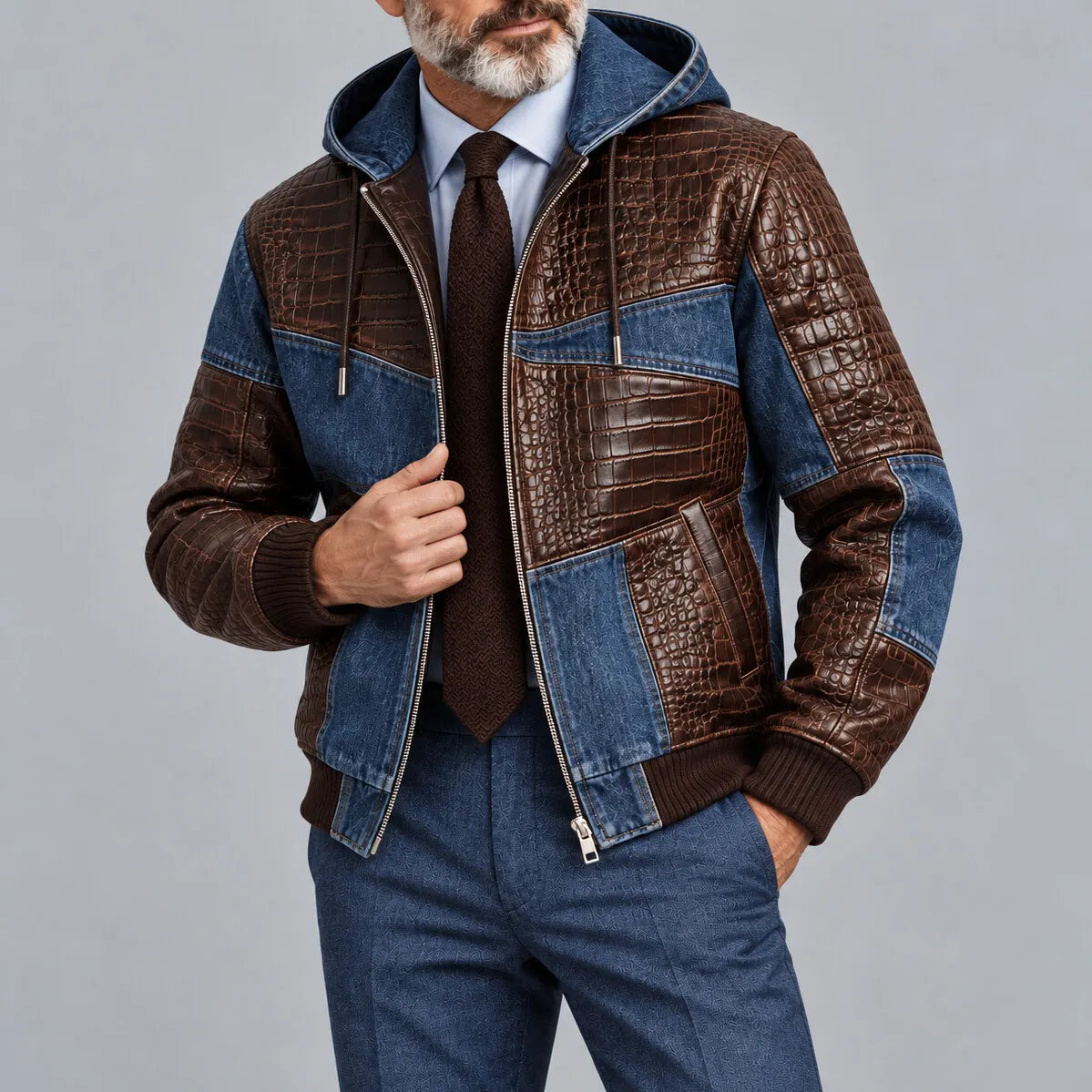 Men's Vintage Denim PU Leather Patchwork Hooded Zipper Bomber Jacket