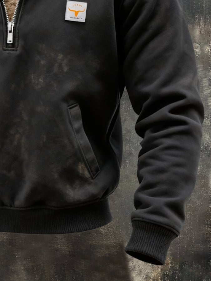 Men's Vintage Suede Leather Stitching Plush Warm Zip-Up Sweatshirt