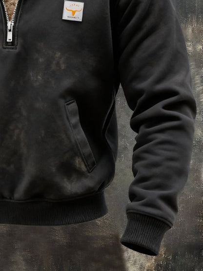 Men's Vintage Suede Leather Stitching Plush Warm Zip-Up Sweatshirt