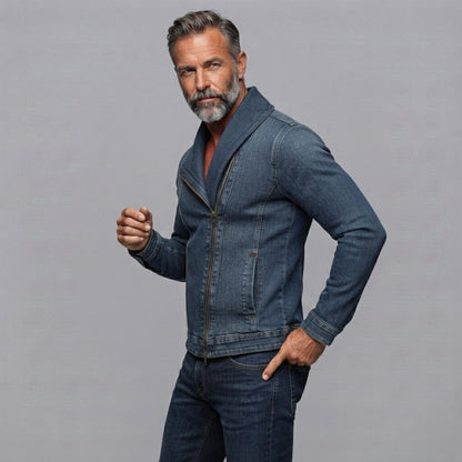 Men's Vintage Denim Lapel Collar Slant Pocket Slim Asymmetrical Zip-Up Jacket