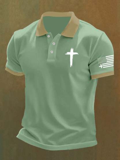 Men'S Flag Cross Print Casual Polo Shirt