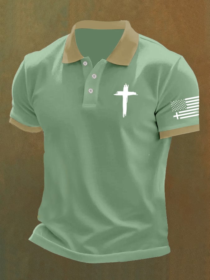 Men'S Flag Cross Print Casual Polo Shirt
