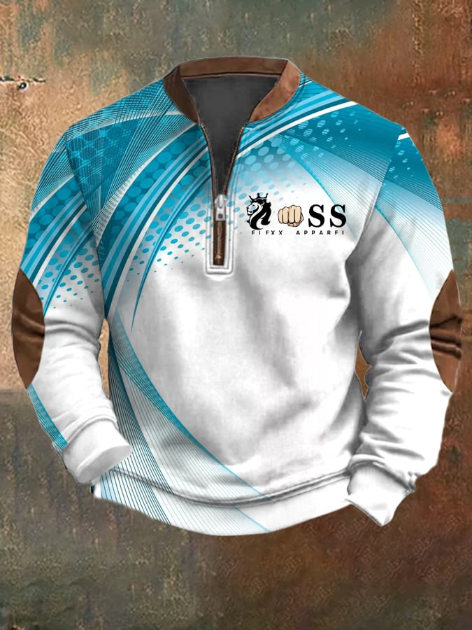 Men's Retro Letter Design Printed Casual Zipper Collar Long-Sleeved Sweatshirt