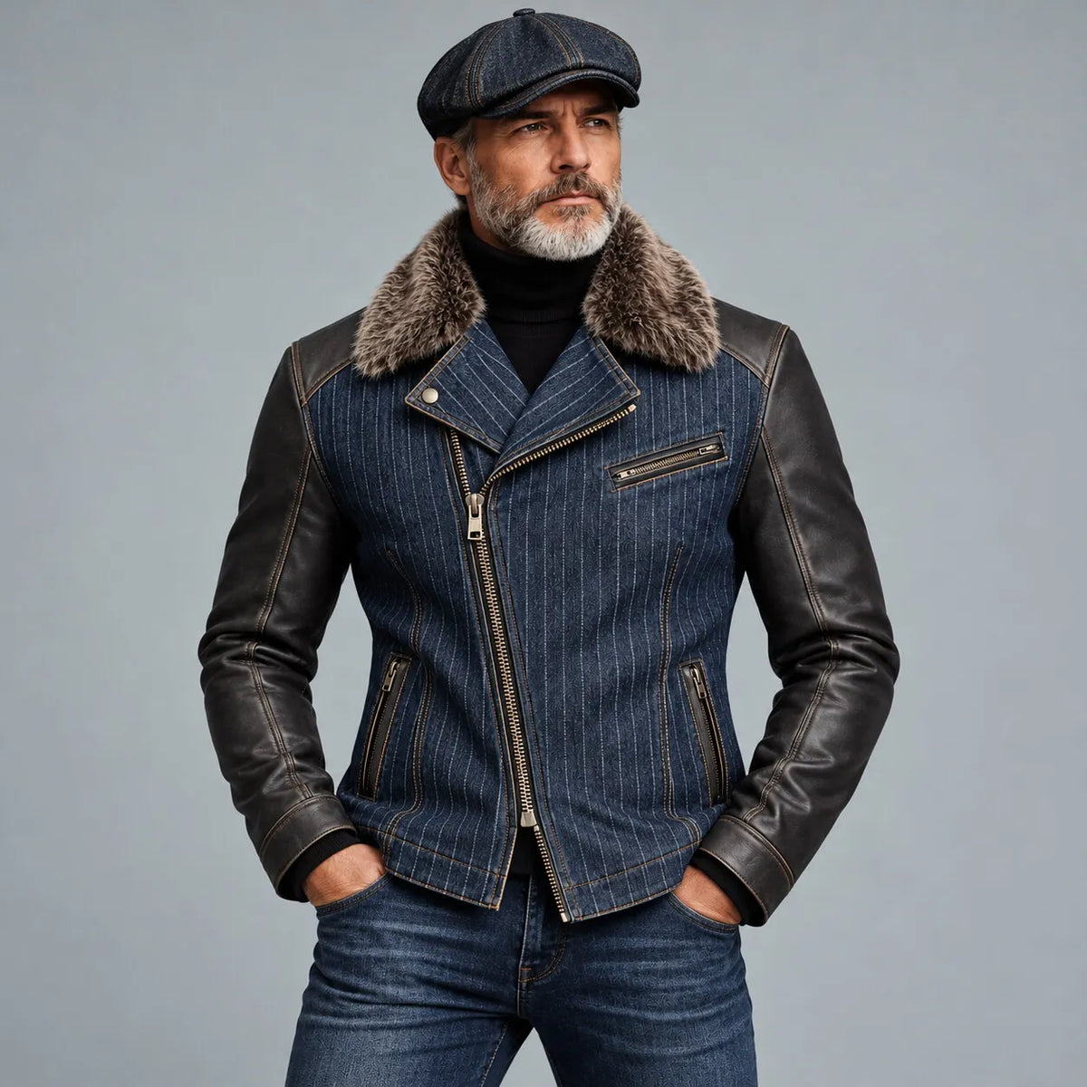 Men's Navy Blue Denim Pinstripe Print Fuzzy Collar PU Leather Long Sleeve Asymmetric Zipper Jacket