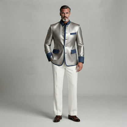 Men's Vintage Silver Mandarin Collar Single Breasted Denim Trim Slim Fit PU Leather Jacket