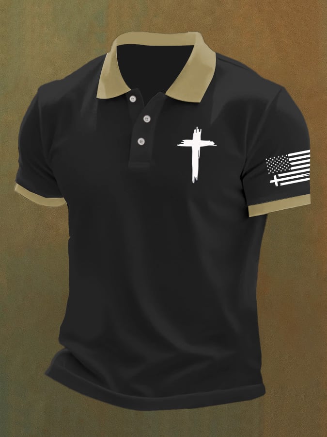 Men'S Flag Cross Print Casual Polo Shirt