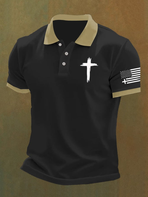 Men'S Flag Cross Print Casual Polo Shirt