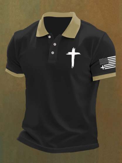 Men'S Flag Cross Print Casual Polo Shirt