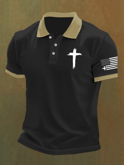 Men'S Flag Cross Print Casual Polo Shirt
