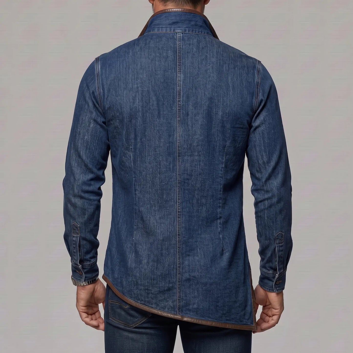 Men's Denim Stand Collar Contrast PU Leather Trim Side Slit Half Zip Slim Fit Sweatshirt