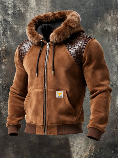 Men's Vintage Suede Splicing Warm Multi-Pocket Outdoor Jacket