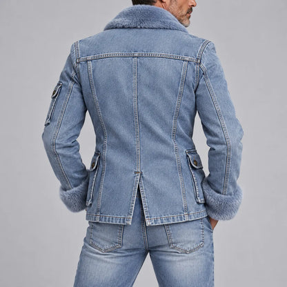 Men's Chic Light Blue Denim Contrast Fluffy Collar Gold Buttons Multi-Pockets Blazer