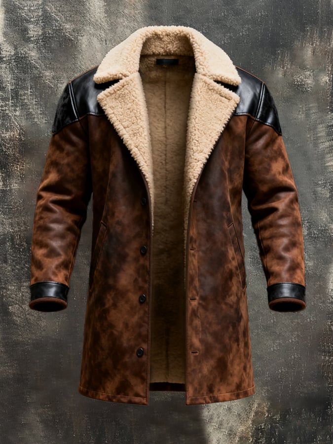 Men's Retro Splicing Contrast Color Large Lapel Suede Mid-Length Jacket