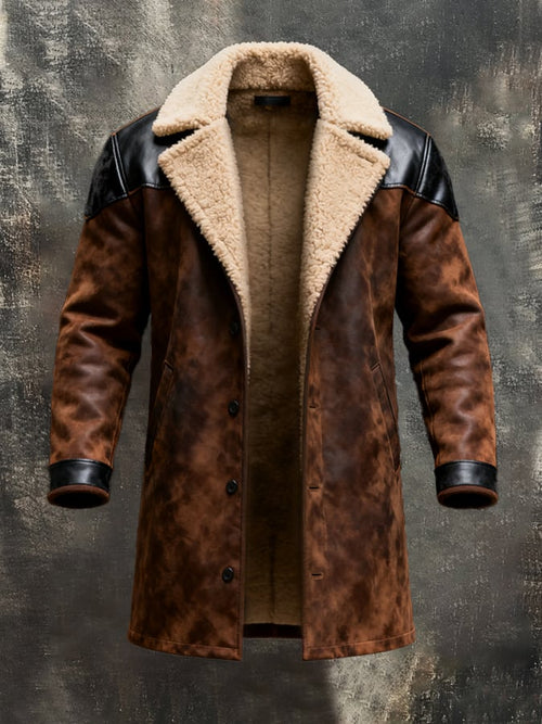 Men's Retro Splicing Contrast Color Large Lapel Suede Mid-Length Jacket