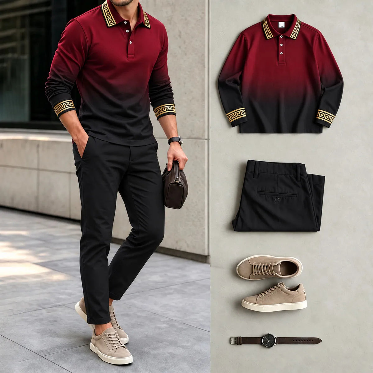 Men's Printed Polo Shirt and Pants Set